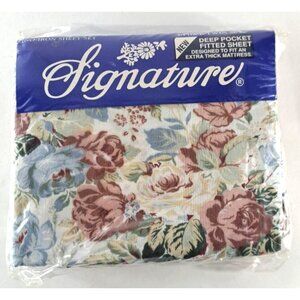 Vintage Signature Twin Sheet Set Flat Fitted Pillowcase Floral Deep Pocket 1990s